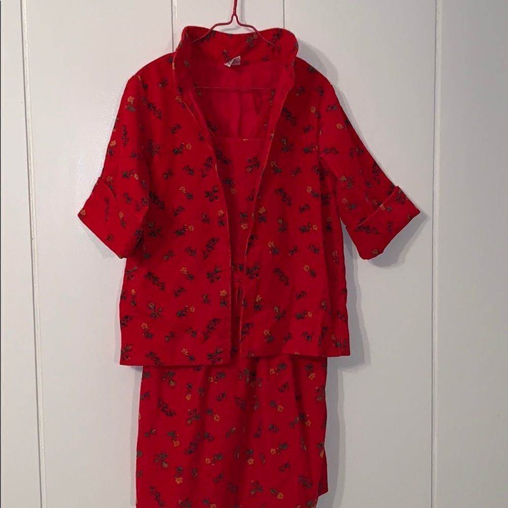Vtg Buster Brown 2 pc red floral corduroy outfit